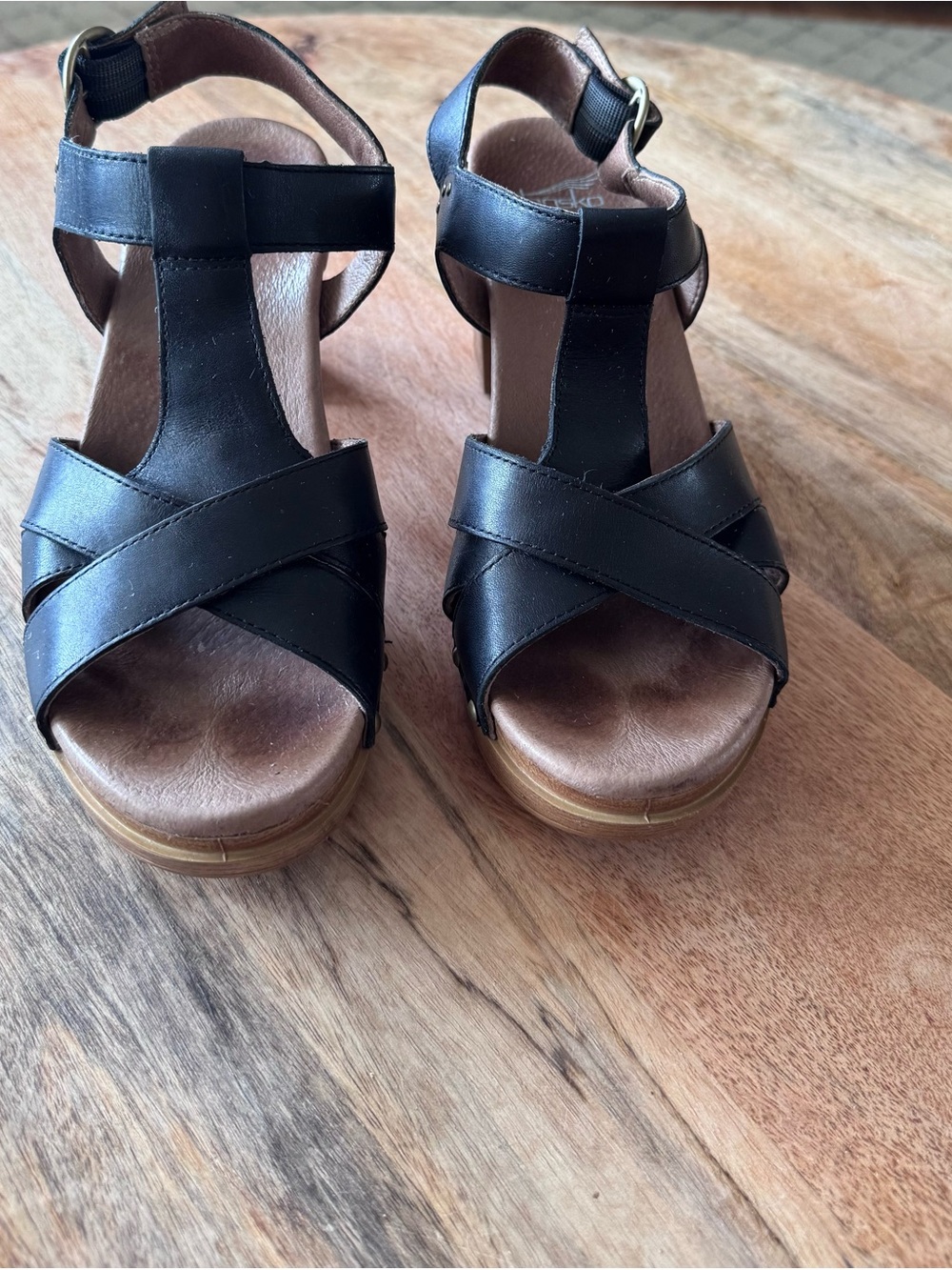 Dansko Black Leather Cross-Strap Platform Sandals